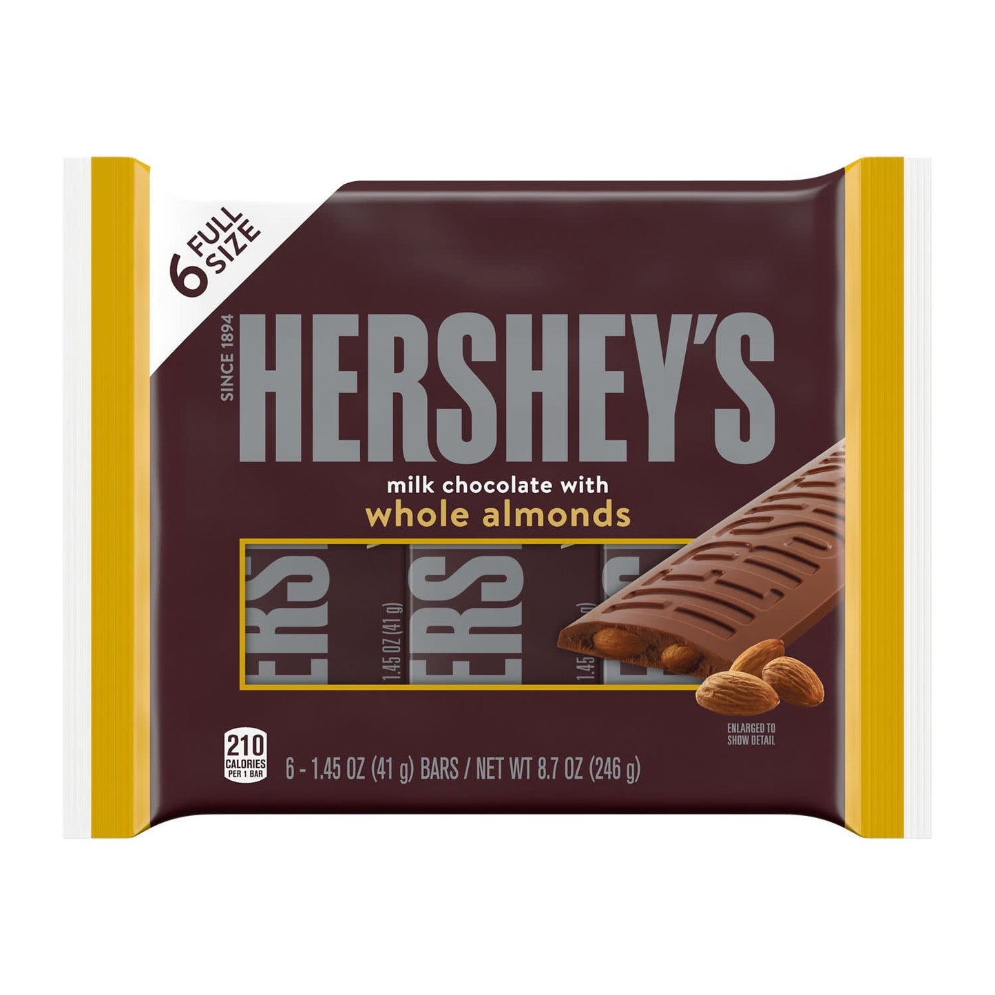 Hershey's Milk Chocolate with Whole Almonds Candy, Bars 1.45 oz, 6 Cou