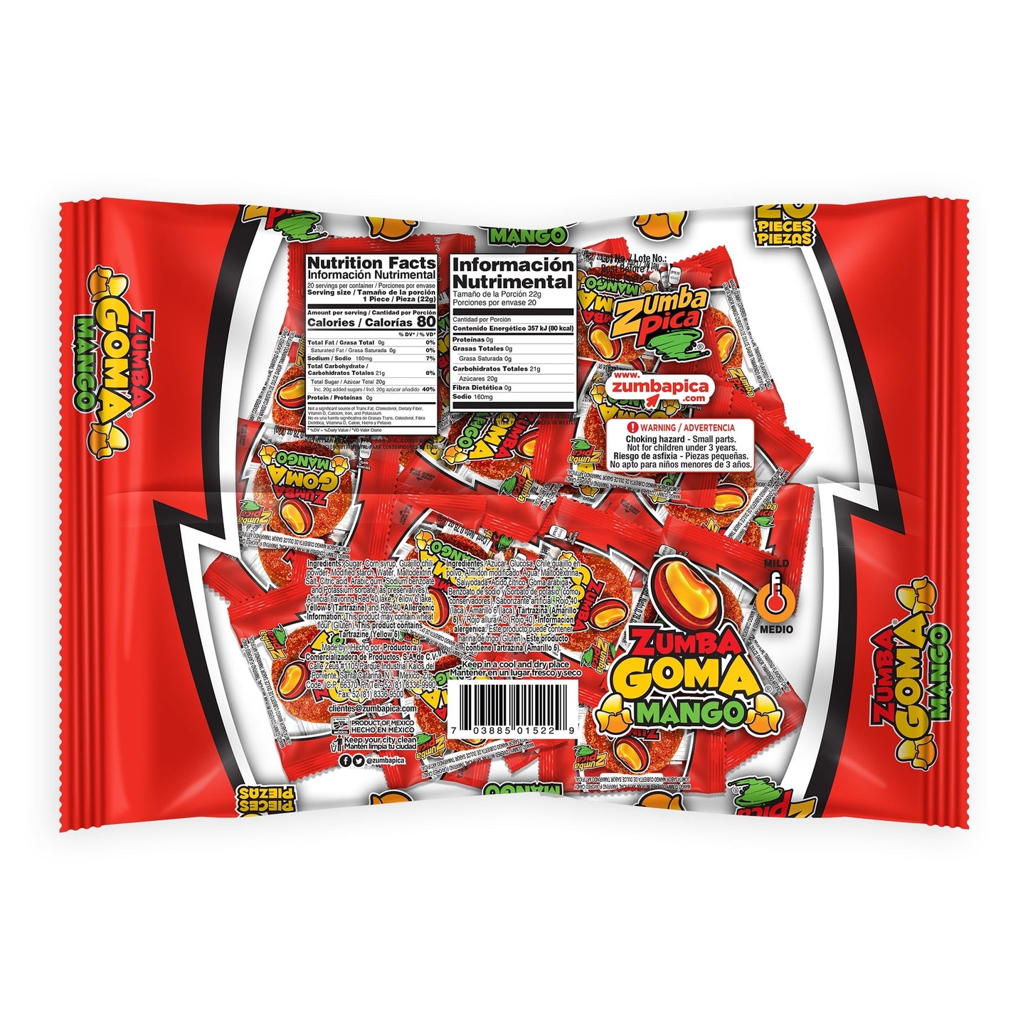 Zumba Pica Goma Mix Gummy Candy, Mexican Tamarind and Mango Candy, 20 Count