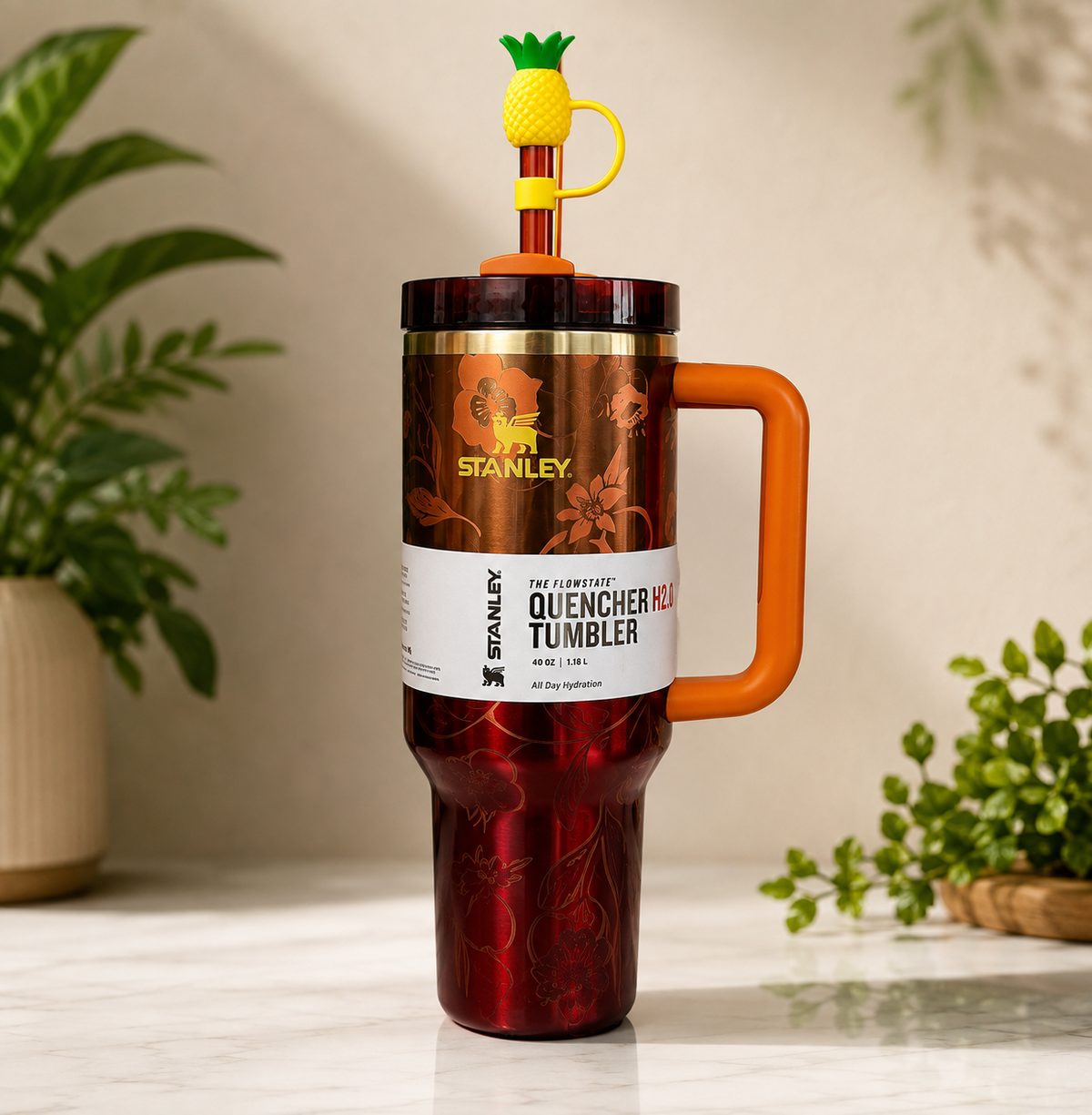 40 oz Floral Quencher Tumbler with Handle & Pineapple Straw Topper
