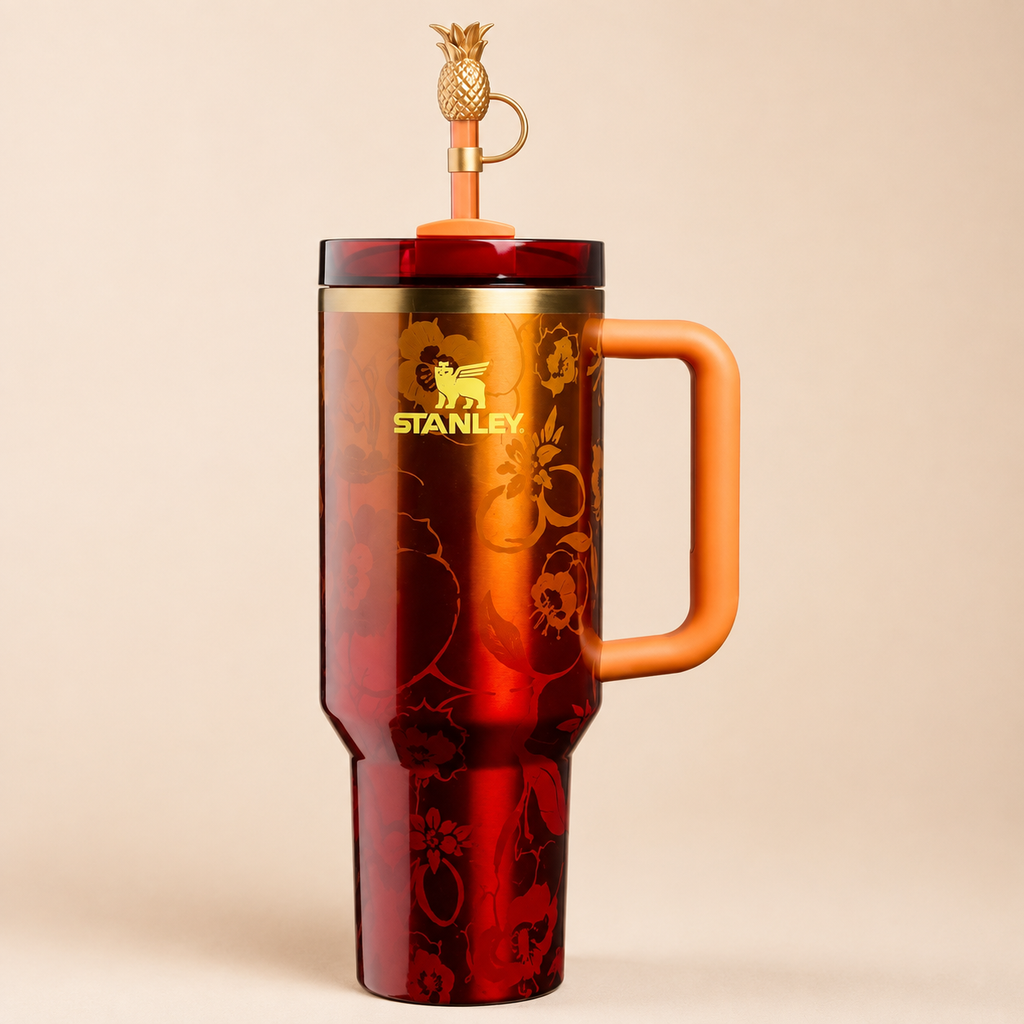 Floral Red Insulated Tumbler with Handle & Pineapple Straw Topper