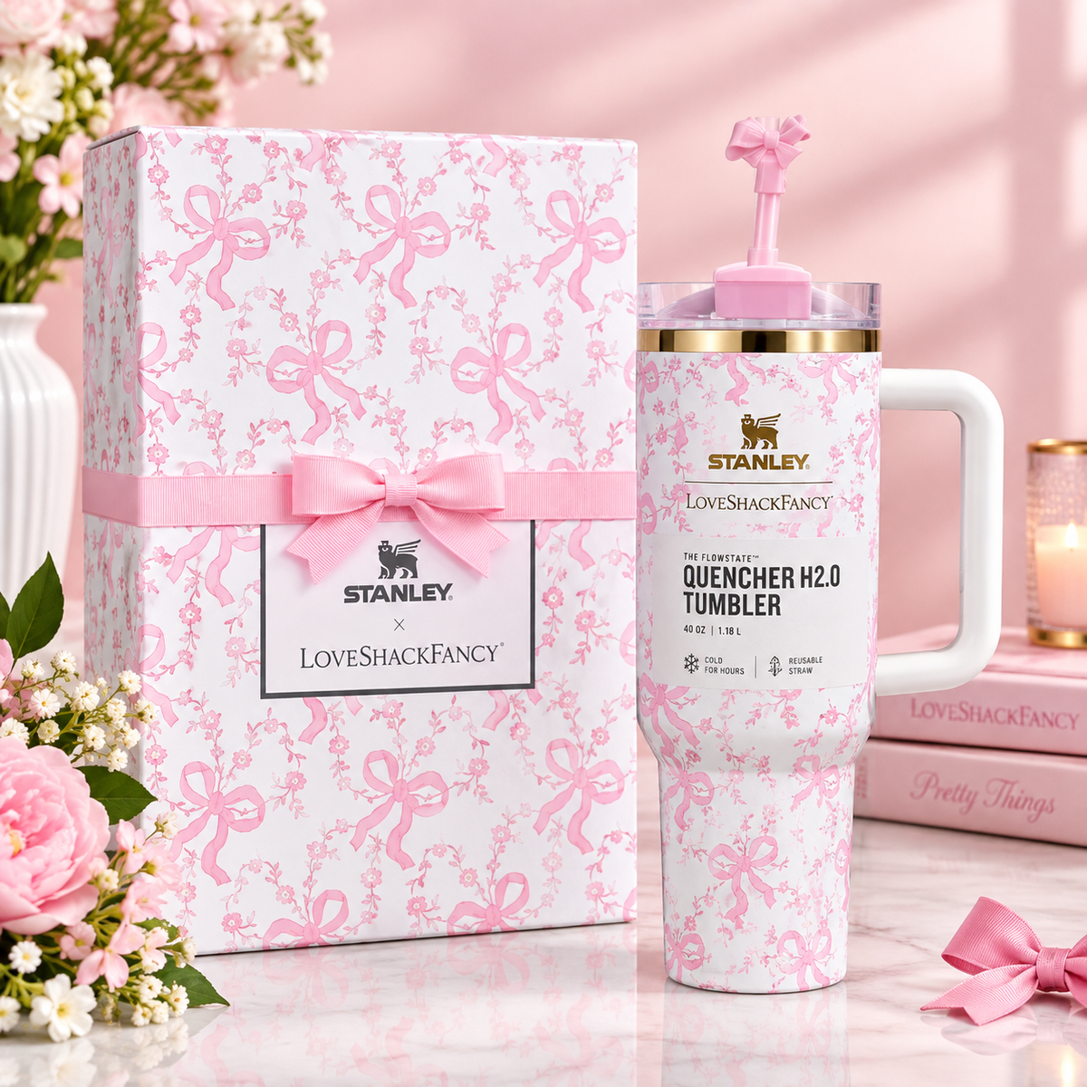 Stanley x LoveShackFancy Quencher H2.0 FlowState Tumbler 40 oz – Pink Bow Floral