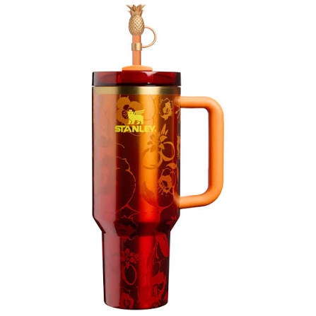 Floral Red Insulated Tumbler with Handle & Pineapple Straw Topper