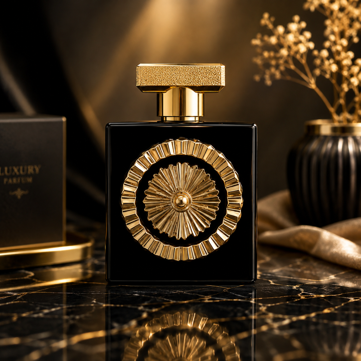 Luxury Black Perfume for Women & Men – Elegant Gold Medallion Bottle