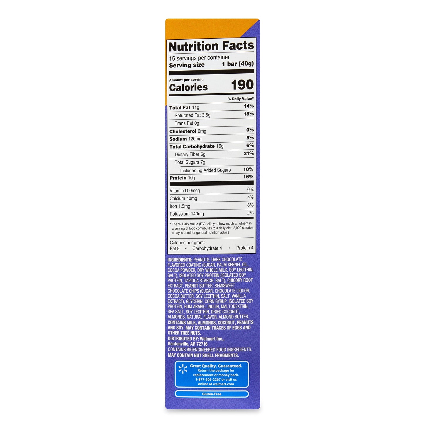 Great Value Peanut Butter and Dark Chocolate Protein Bars, 21.1 oz, 15
